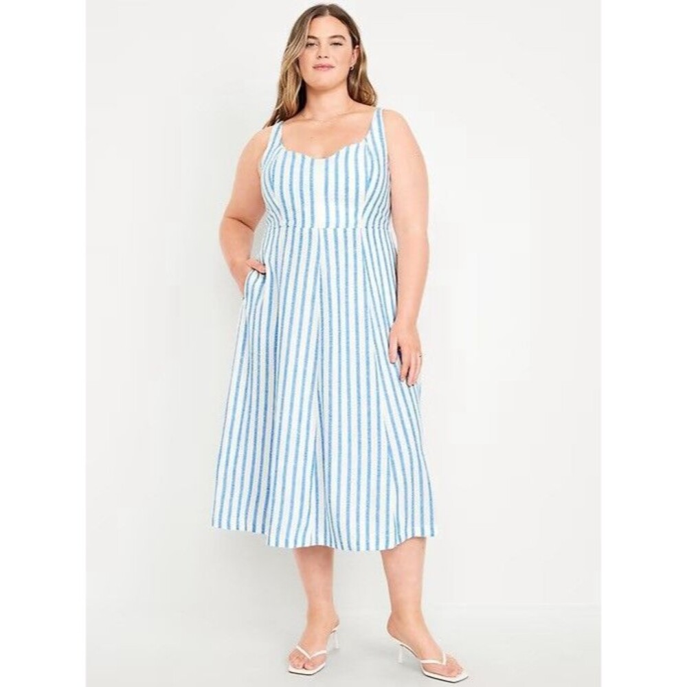 Old Navy Fit And Flare Linen Blend Midi Dress Blue White Stripe Cotton - 3X